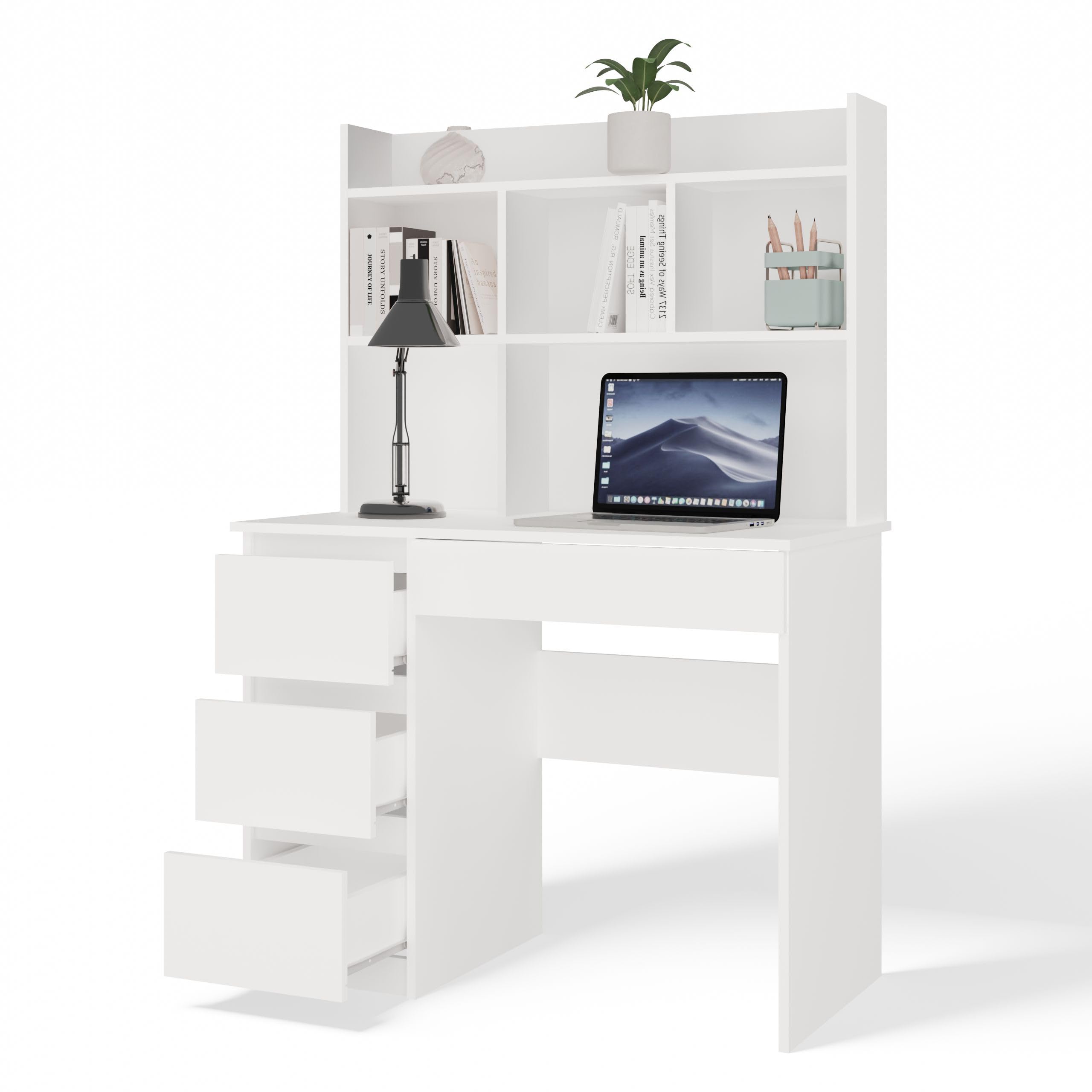 Scrivania Moderna con Libreria 5 Ripiani 98x146 cm, Mobile PC Salvaspazio con 4 Cassetti, Scrittoio per Cameretta e Studio, Design Elegante, Bianco Opaco SCT15 (Cassetti a sinistra)