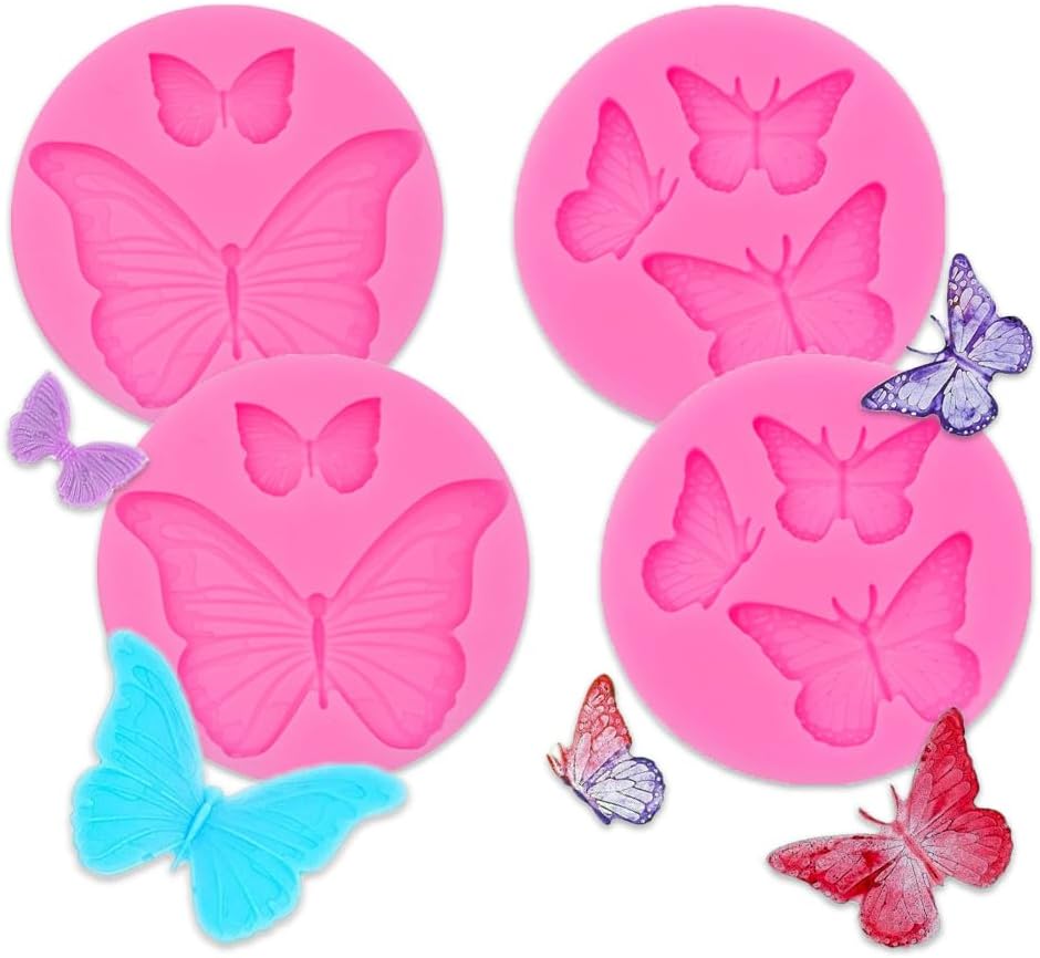 4 Pcs Mini Butterfly Fondant Silicone Molds for DIY Cake Fondant Biscuit Cookies Soap Sugar Pudding Chocolate Hard Candies Dessert Candle Decor