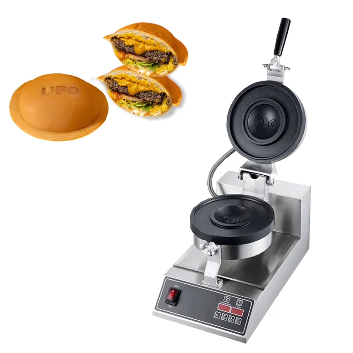 BDJSN Ice Cream Burger Maker, 1160W Commercial UFO Flying Saucer Waffle Machine, 0-250℃ Temperature Control, 10 Minutes Timer, Non-stick Coating, Sandwich Press for Breakfast