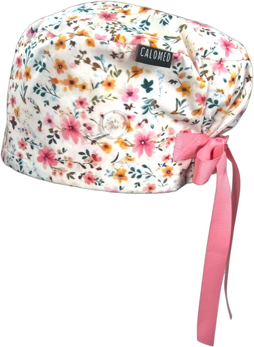 Euro Style Scrub Cap for Women & Men with Ribbon Ties & Buttons, Head Cover for Long or Short Hair