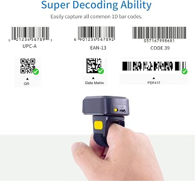 Alacrity 2D Wireless Ring Barcode Scanner,Portable Bluetooth Wearable Finger 1D 2D Mini Bar Code Reader Scanner Suppot Screen Scanning with Bluetooth & 2.4GHz Wireless & Wired Connection Scanner