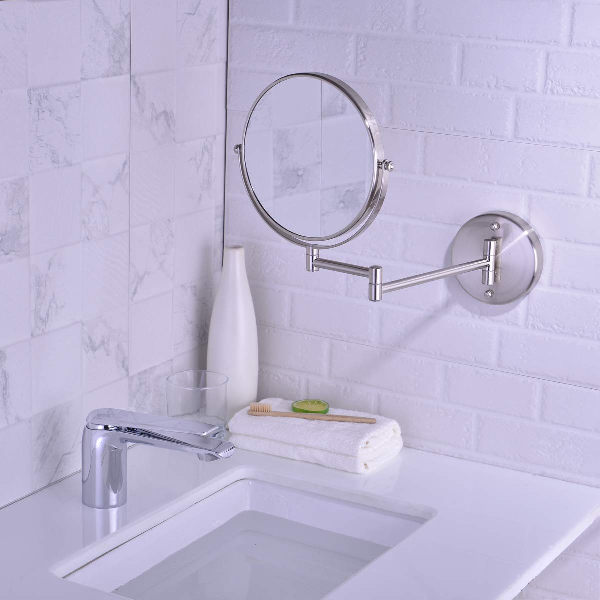Anpean Wall Mounted Makeup Mirror 10x Magnification with 8 Inch Double Sided Swivel, Brushed Nickel