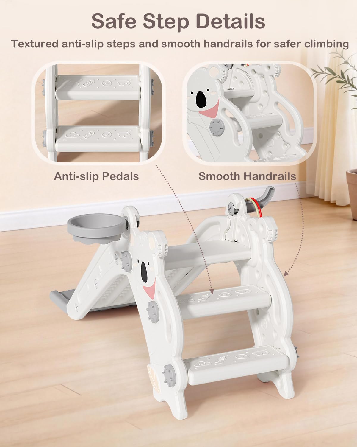 Babytronic Toddler Slide Indoor & Outdoor Playground, 4-in-1 Baby Slide with Climber, Basketball Hoop & Ring Toss, Foldable Freestanding Kids Slide, Climber Playset for Toddlers Ages 1-3, Cream & Gray