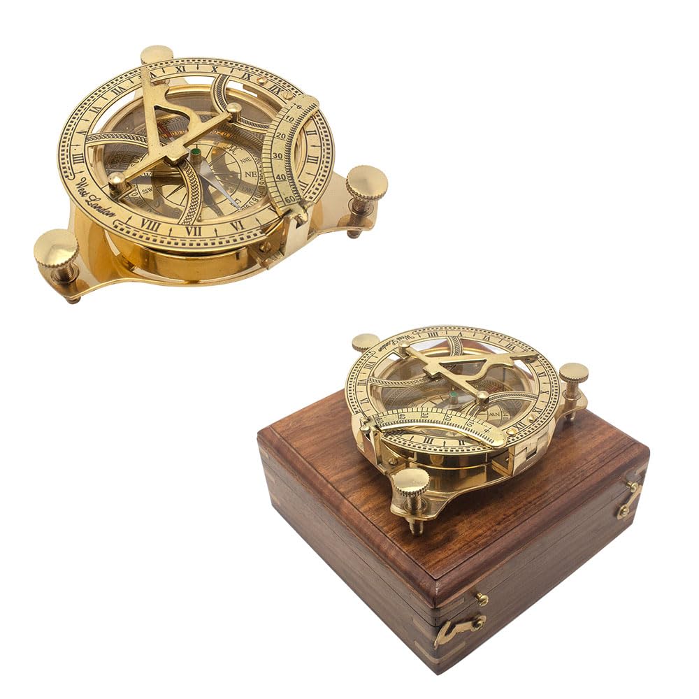 Bussola Sundial in ottone con scatola di legno, design antico, strumento nautico