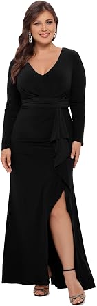 Betsy & Adam Womens Long Sleeve V-Neck Jersey Knit Formal Evening Gown with Side Slit and Cascading Ruffle Detail