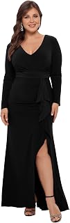 Betsy & Adam Women's Long Sleeve V-Neck Jersey Knit Formal Evening Gown with Side Slit and Cascading Ruffle Detail