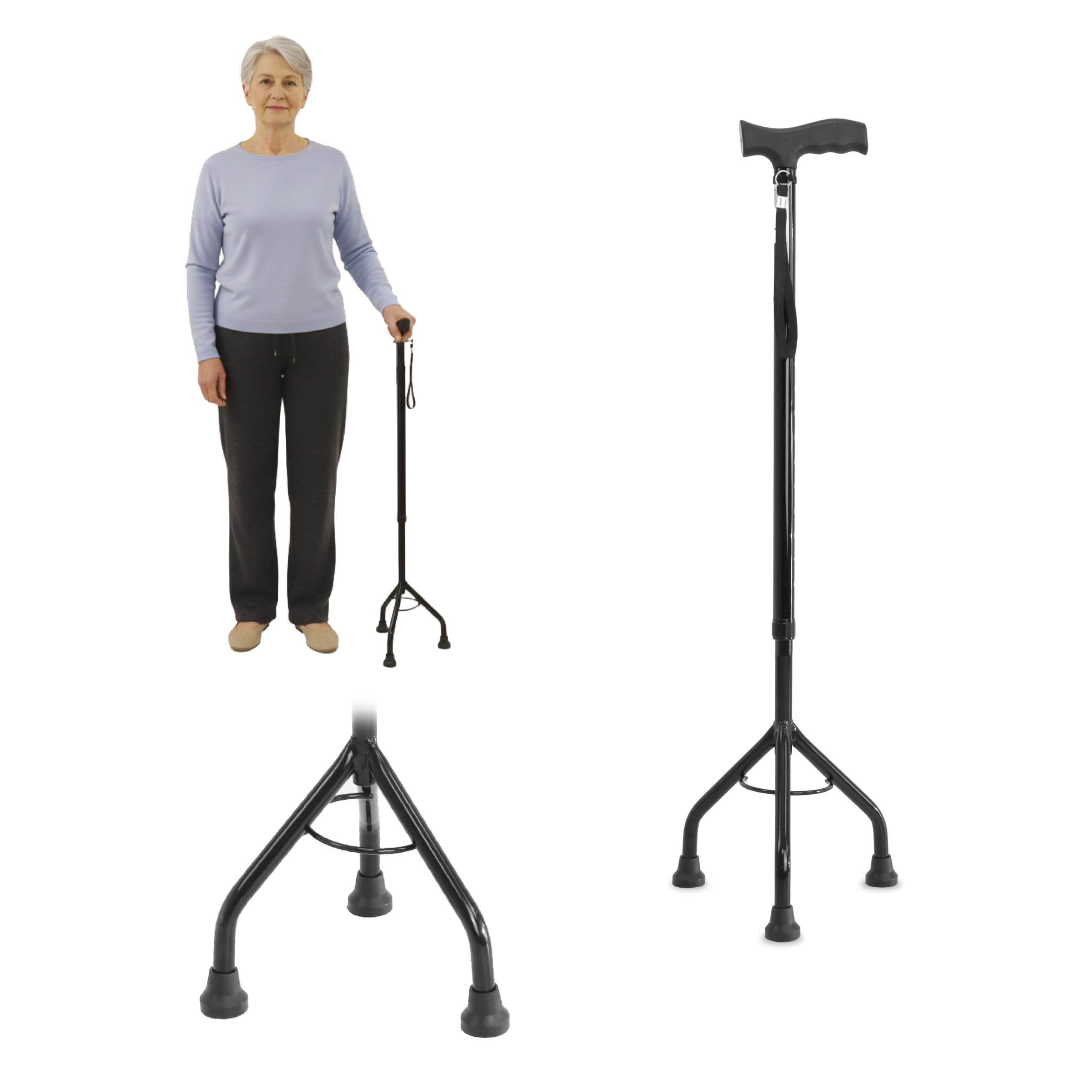 PEPE Mobility Canne Tripode de Marche Réglable (72,5–95,5 cm), Canne 3 Pieds en Acier et Aluminium, 3 Embouts Antidérapants, Jusqu’à 100 kg, Noir