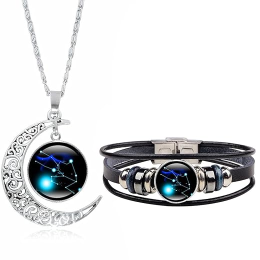 Dcfywl731 Zodiac Necklace Bracelet Set for Women Men 12 Constellation Moon Pendant Necklace Handmade Woven Zodiac Sign Wrap Bracelet Jewelry Gifts for Birthday Christmas