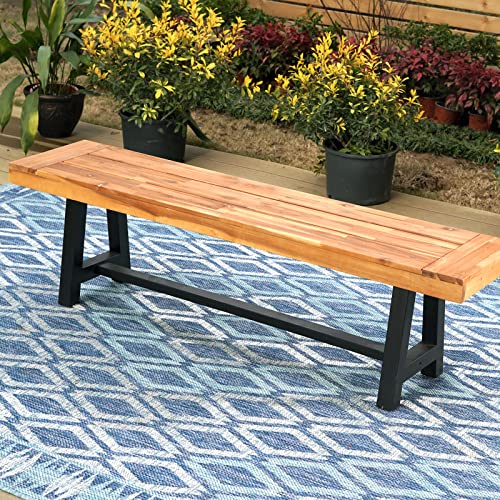 Sophia & William Acacia Wood Patio Dining Set With 1 Table And 2 Benches For 6, Oil Finished Tabletop And Spray Painted Legs, 3 Pieces Patio Dining Furniture For Porch Backyard, Teak And Black #TOP3
