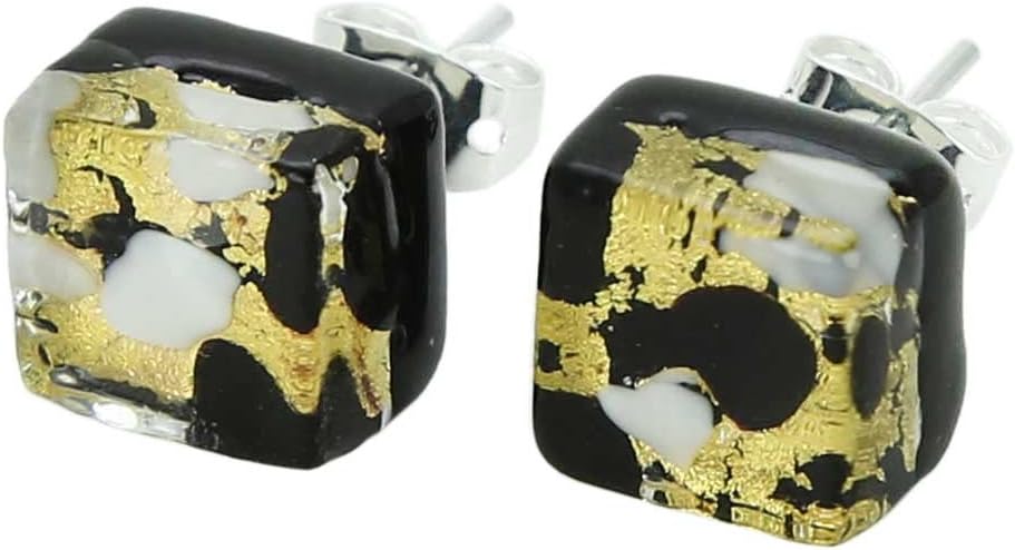 Glass Of Venice Murano Glass Venetian Reflections Square Stud Earrings - Black Gold