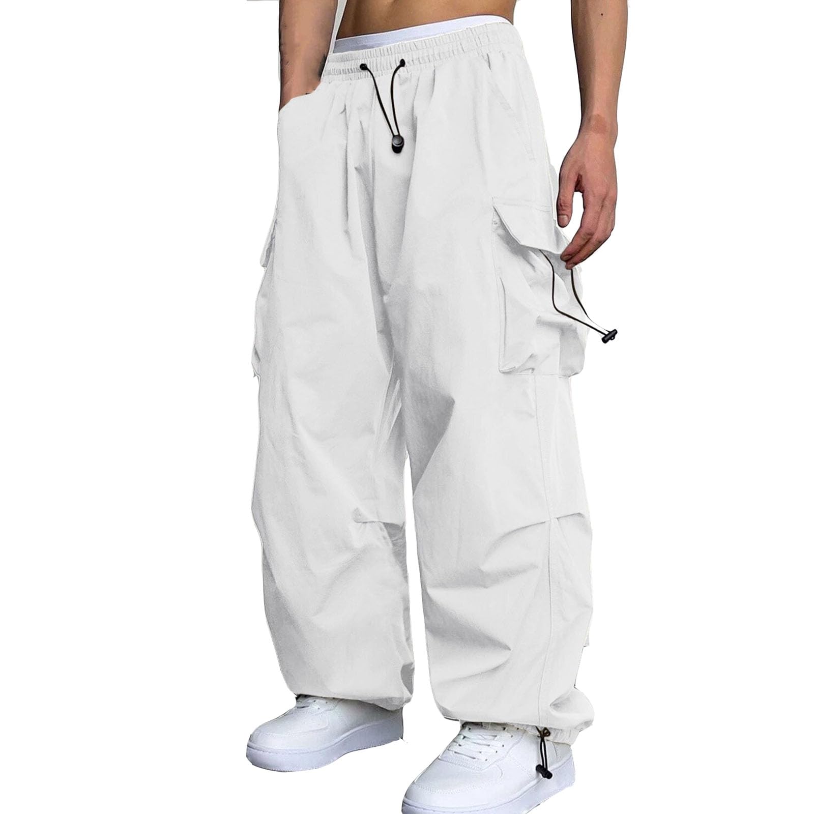 UFZKOOEP Men's Baggy Cargo Pants, Casual Parachute Cargo Pants, High Waisted Casual Baggy Joggers Pants (White,M)
