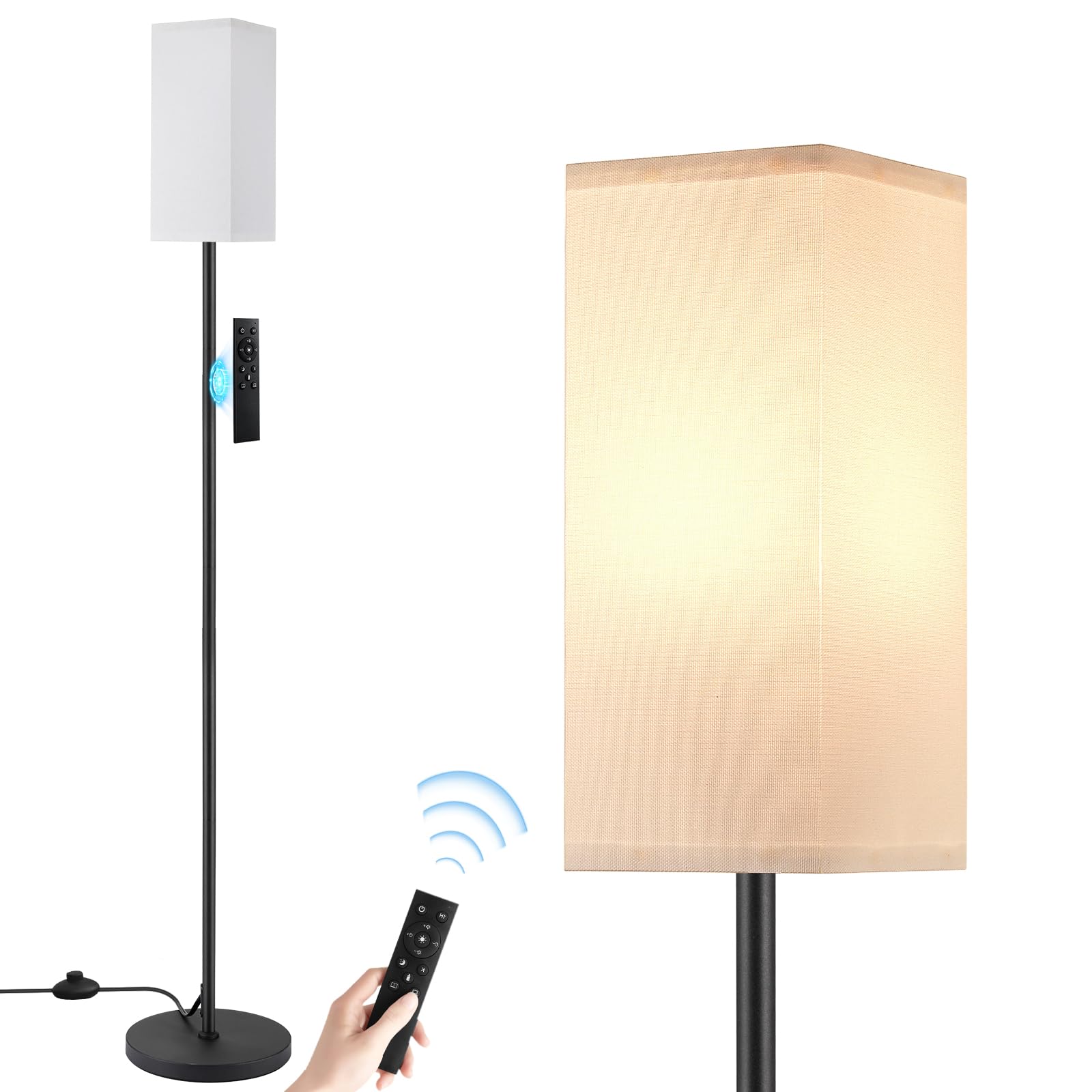 Ambimall Remote Control Floor Lamp, Stepless Dimmable, 64 Inches Tall, Include 9W Bulb, Standing Lamp for Living Room Bedroom Office (White &amp; Black)