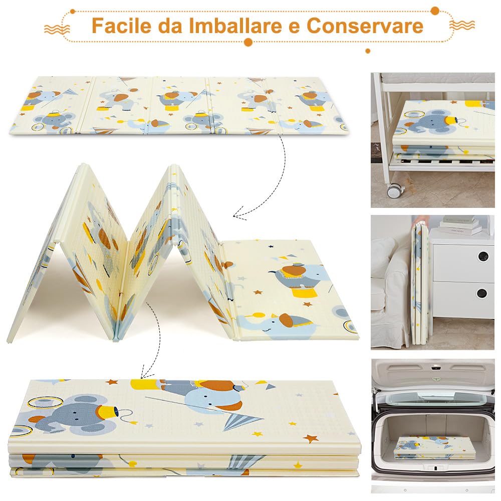 OUNUO Tappeto da Gioco per Bambini, Neonato, Gattonamento Pieghevole 200 x 180 cm, XPE Schiuma/Portatile Reversibile per Pavimento Antiscivolo (200 * 180CM)