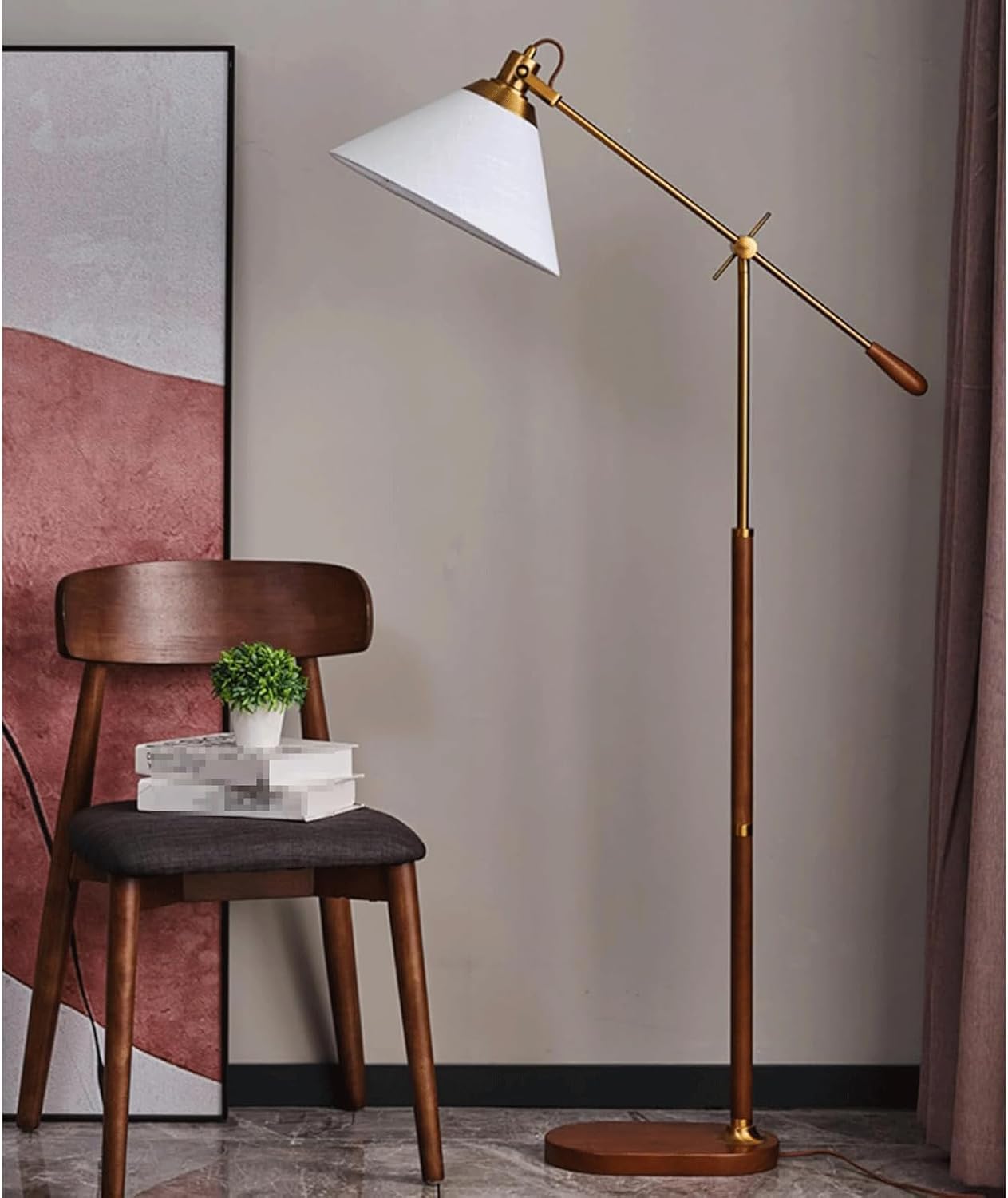 Regulowana lampa stojąca nowoczesna lampa podłogowa z ramieniem obrotowym do salonu lampka do czytania z kloszem z tkaniny i przełącznikiem nożnym