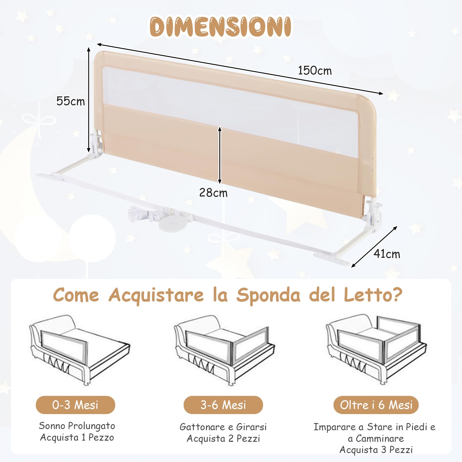 RELAX4LIFE Sponda Letto per Bambini 180 cm/150 cm, Barriera di Sicurezza, Traspirante e Pieghevole, Sbarra Letto per Letti Singoli e Matrimoniali (Beige, 150 x 41 x 55 cm)