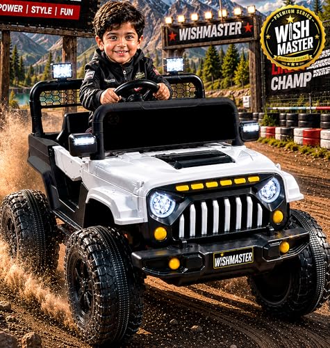 Image of Wishmaster Kids Electric Ride-On SUV - Stylish Off-Road Adventure Car for Kids with LED Lights, Music, Remote & Manual Drive | Music Player (White)