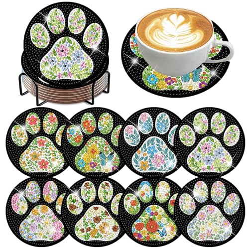 ijbnhd 8 Pcs Flower Diamond Art Coasters Kits 4x4 inch (Cork Wooden Pad)