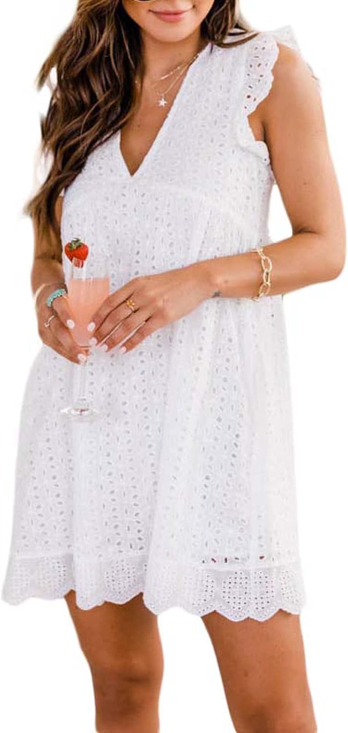 Women's Summer Dress with Built in Shorts Sexy Summer V Neck Ruffle Sleeve Lace California Romper Dresses for Women