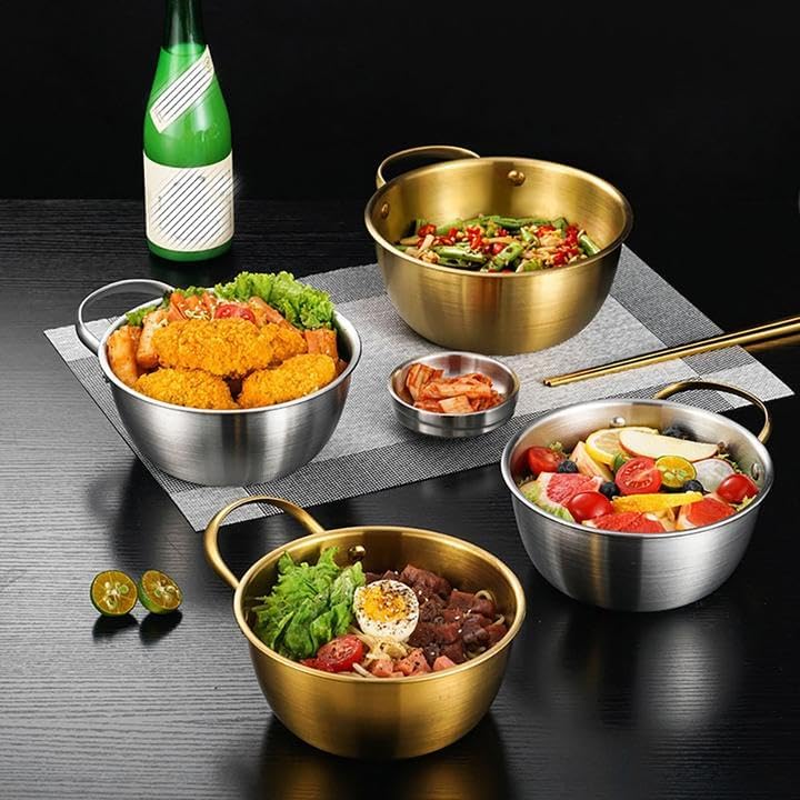 Miniatura 7 de MBBITL Ensaladera redonda dorada de 6.7 pulgadas con asa para mezclar alimentos, pasta, salsas de frutas