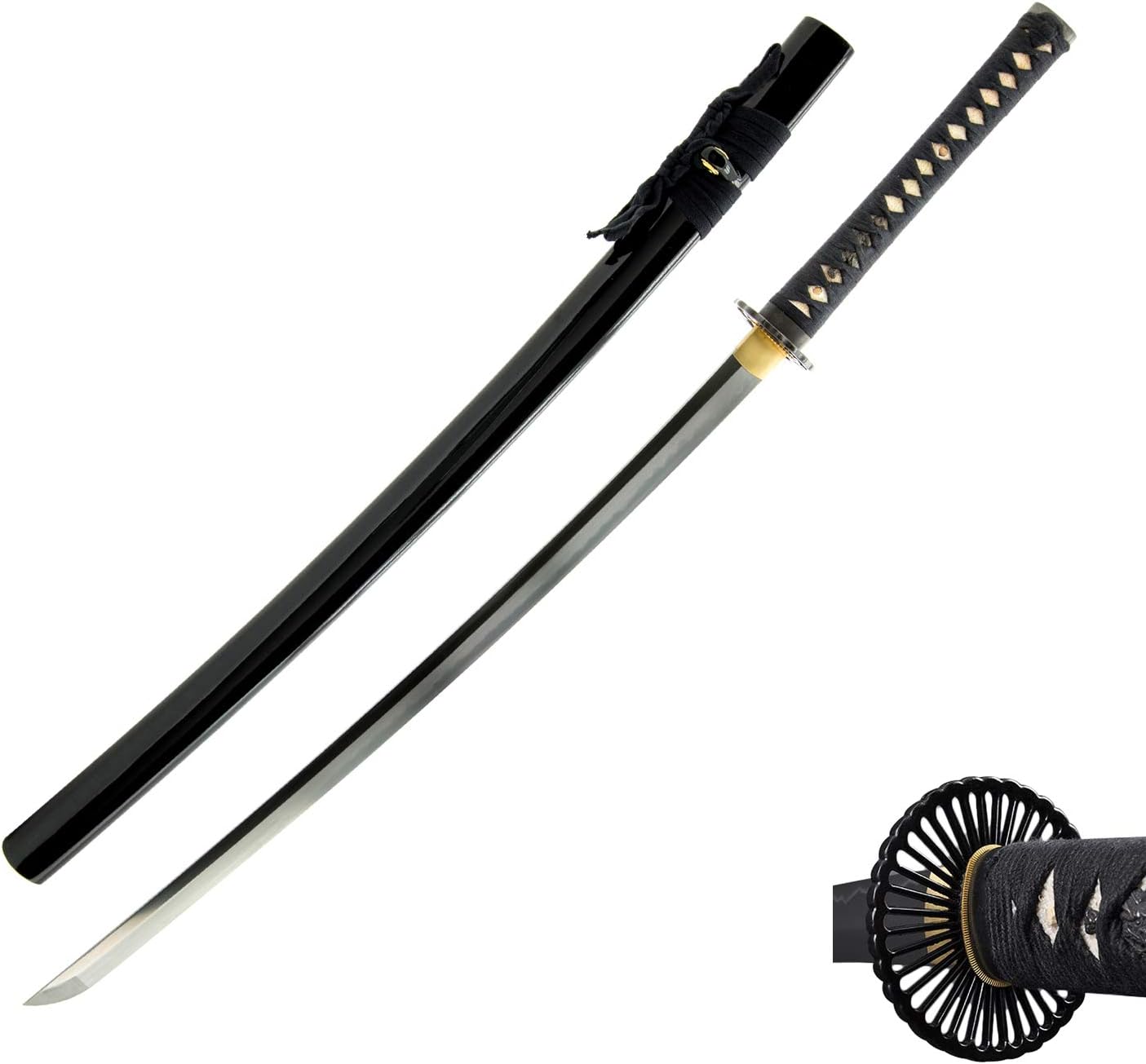 Handmade Sword - Fully Practical Japanese Samurai Katana Sword, 1045 Carbon Steel, Heat Tempered Hand Forged, Full Tang, Sharp, Empire Wheel Tsuba, Black Scabbard