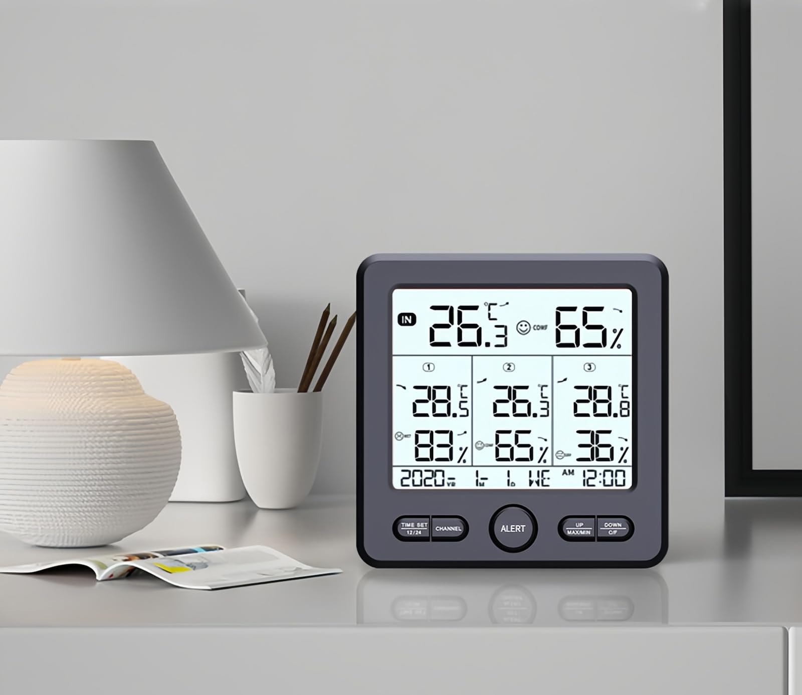 Cyfrowy Termometr Higrometr z 3 Bezprzewodowymi Czujnikami Podświetleniem LCD Temperatura Wilgotność Stacja Pogodowa Czas Data Tydzień Alarm Przekroczenia Limitu dla Wnętrz Zewnętrznych