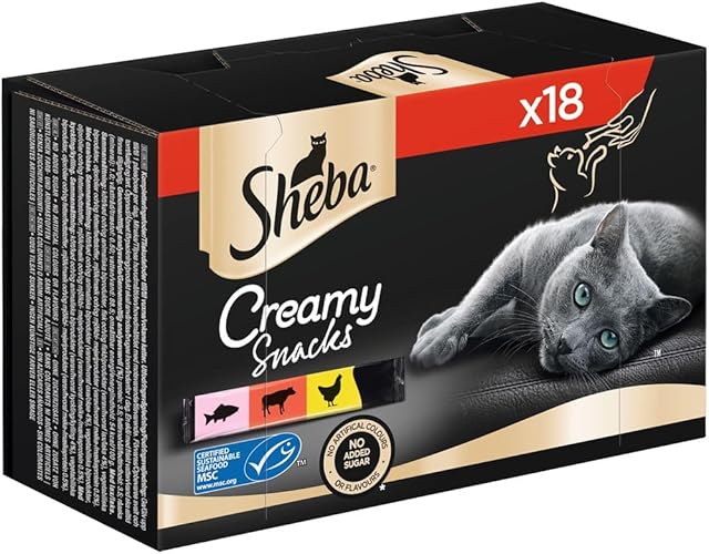 SHEBA Katzensnacks - 18x12g - 18 praktische Katzenleckerlis - in den Varietäten Huhn, Lachs und Rind - 1 Packung - Huhn, Rind & Lachs (MSC) - 216 g (1er Pack)