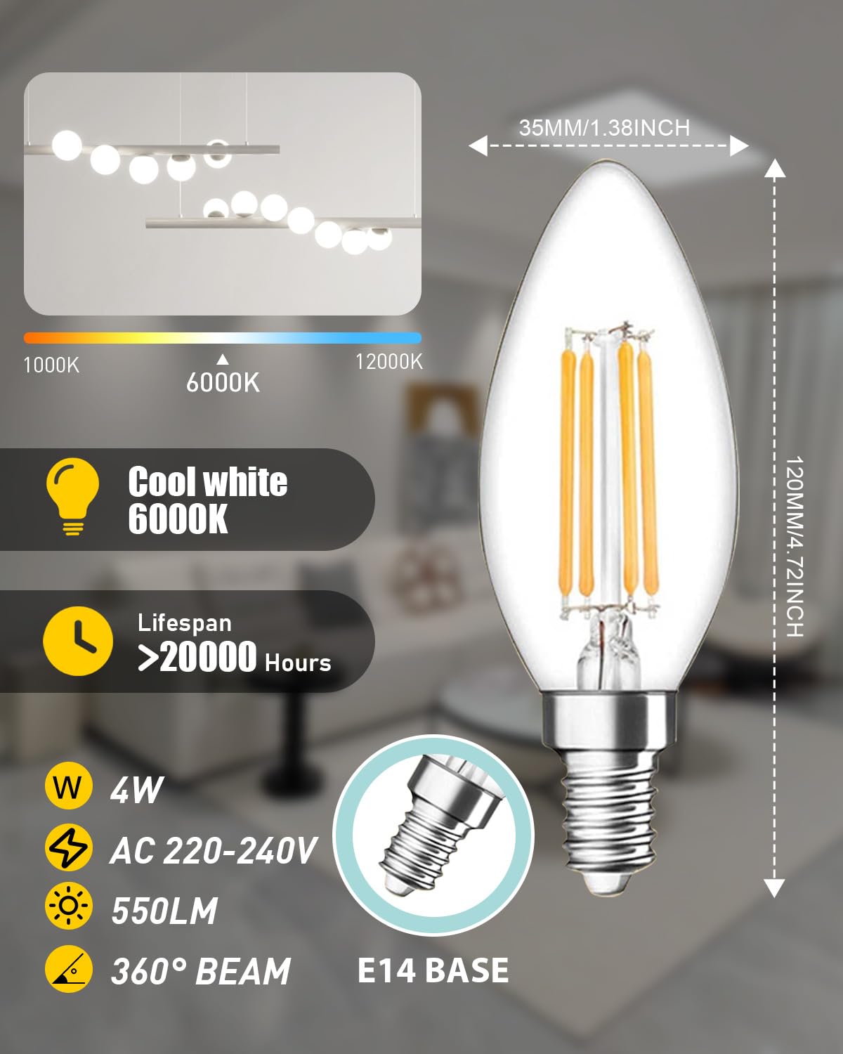 tuare E14 LED Light Bulb Dimmable, 4W 550 Lumens E14 LED Light Bulb Cool White Dimmable 6000K - Image 2