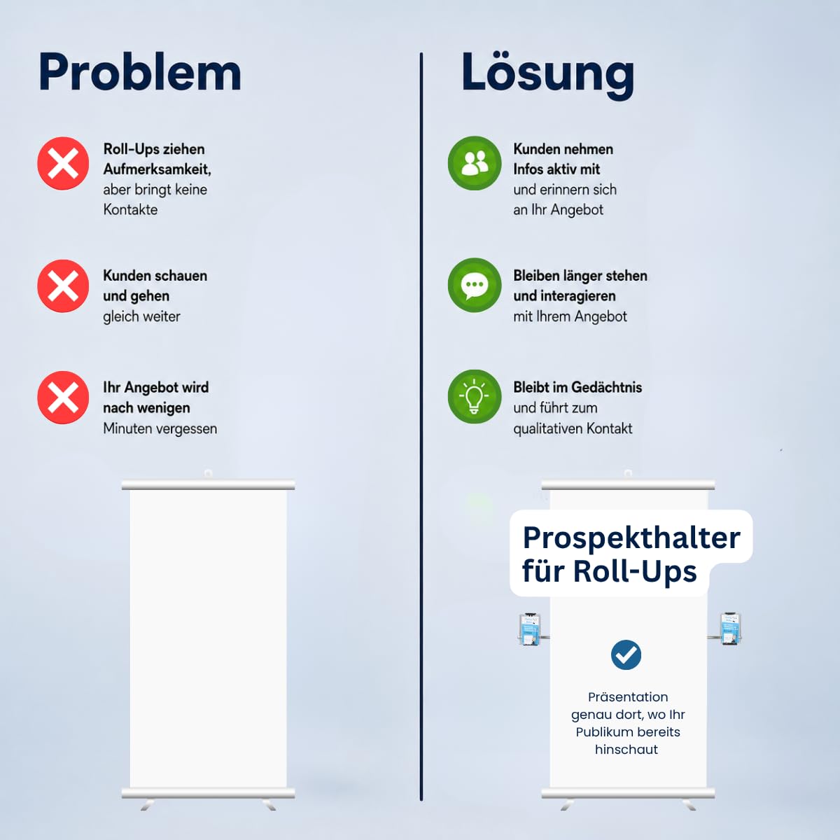 Flyerhalter mit 2 DIN-lang Akrylboxen für Roll-Up – Prospekthalter für Flyer, Broschüren & Tablets – für Messe, POS & Verkauf (Breiter Flyerhalter für Roll-Ups)