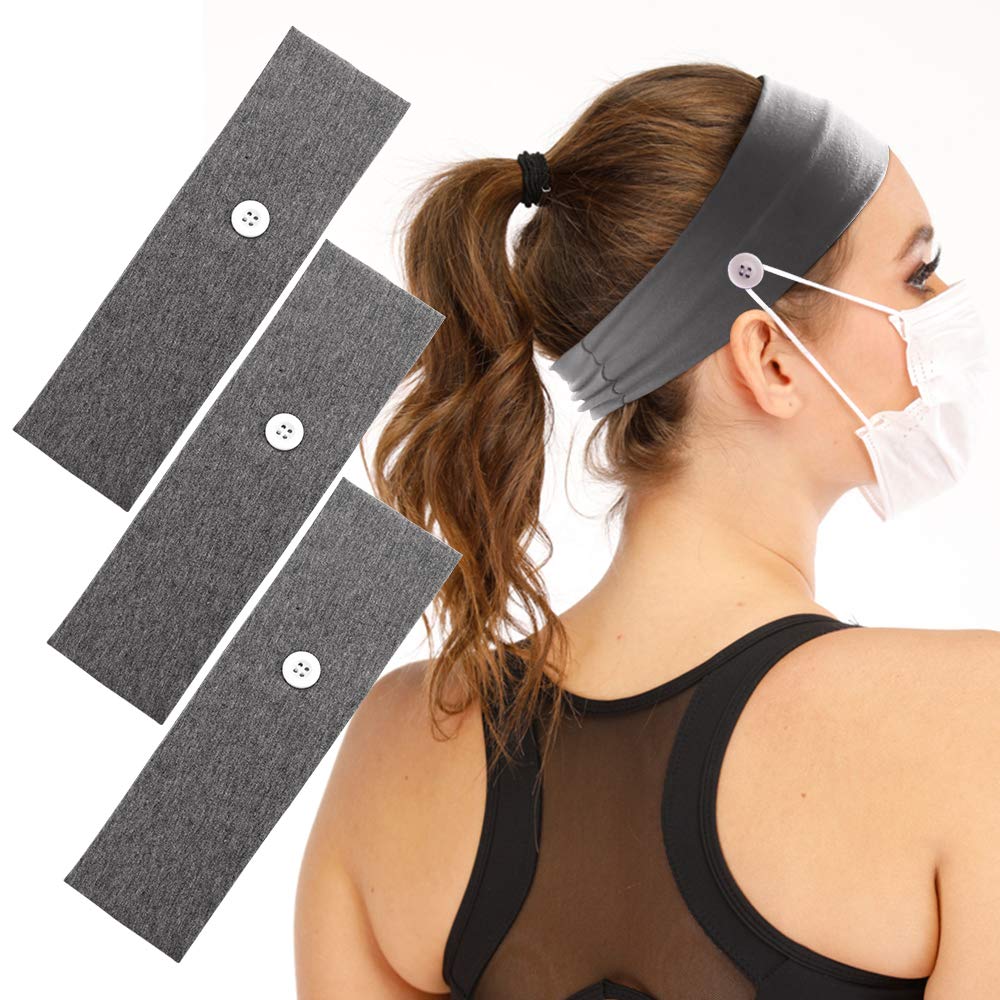 3 Pcs Headbands with Buttons for Nurses Doctors Women Men, Button Headwrap Face Cover Holder Ear Saver, Yoga Hair Bands for Sports Running, Grey