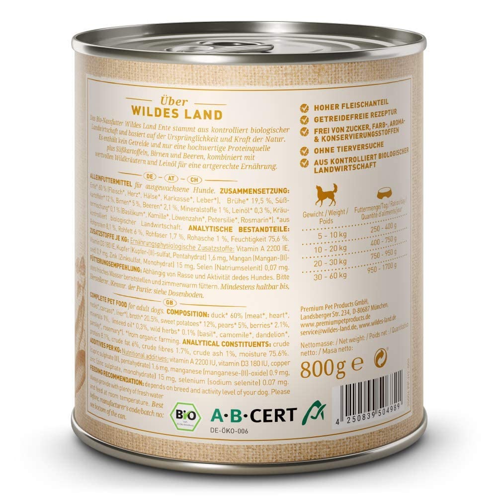 WILDES LAND – Ente | Nassfutter mit extra hohem Fleischanteil und natürlichen Zutaten für ausgewachsene Hunde. Getreidefreies Alleinfutter ohne Zusatzstoffe in der Dose | 24x800g Ente