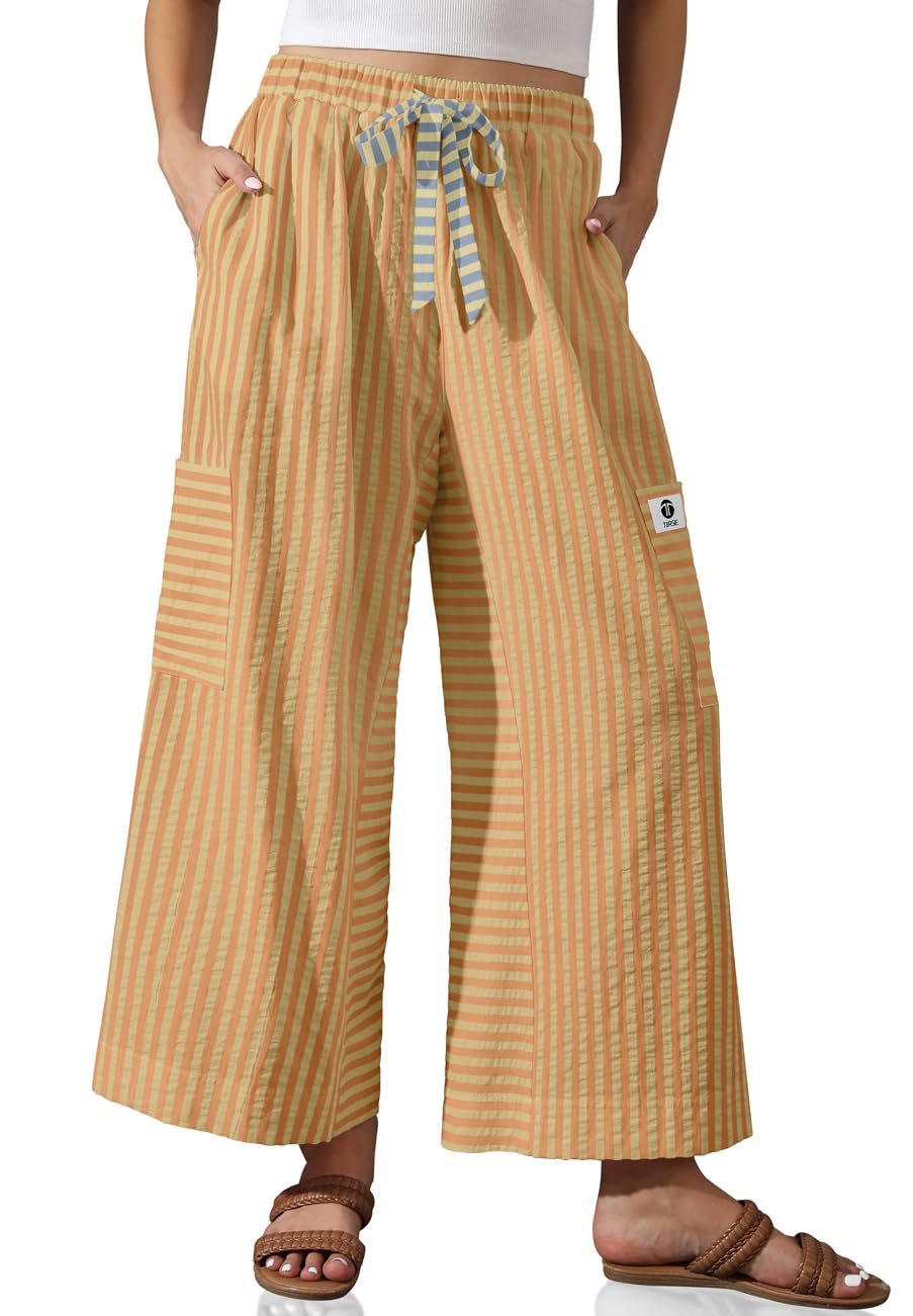 TARSE Womens Striped Wide Leg Pants Drawstring Casual Boho Palazzo Pants Loose Lounge Beach Vacation Trousers