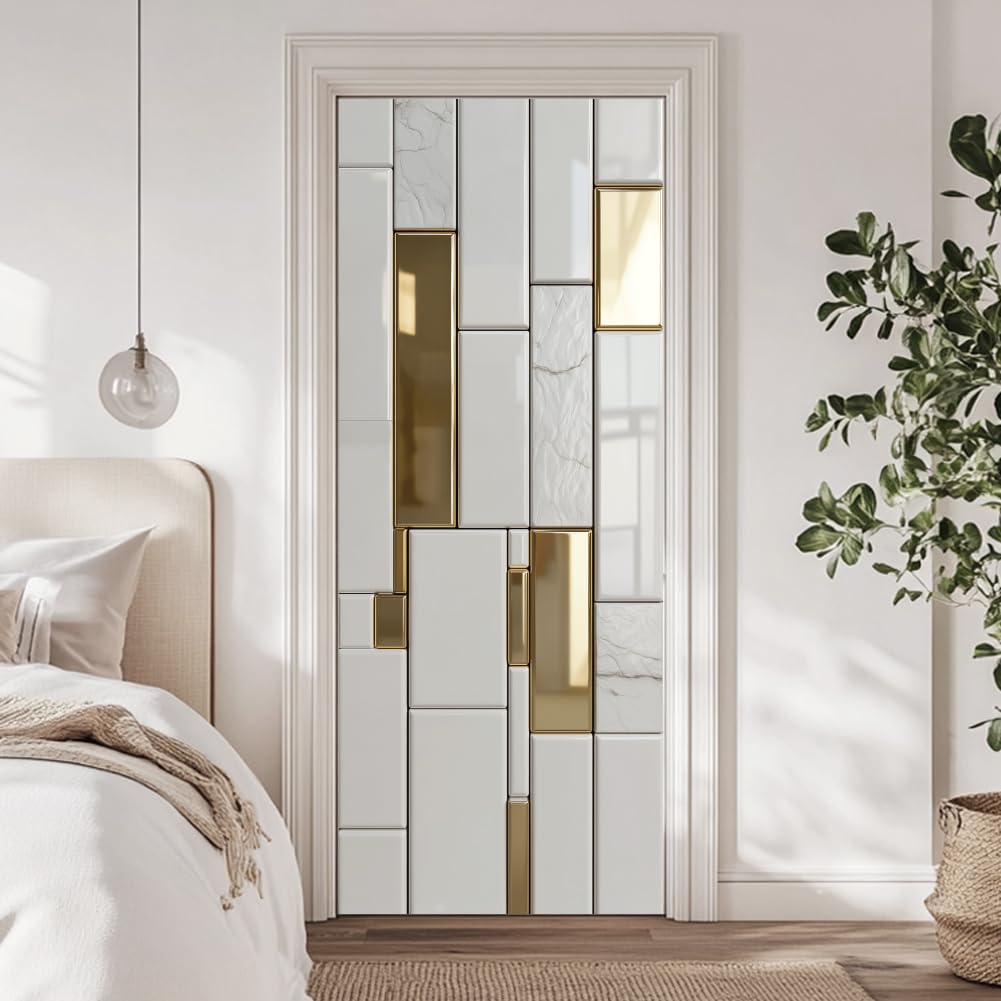 arricraft 2 Pcs Self-Adhesive Door Sticker, White Tile Gold Design