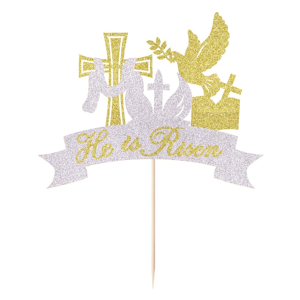 Qertesl He is Risen Cake Topper-Glitter Jesus Easter Cake Pick for Jesus Easter Christian Holiday Cross Party Cake Decoration,Happy Birthday Party Decoration Supplies
