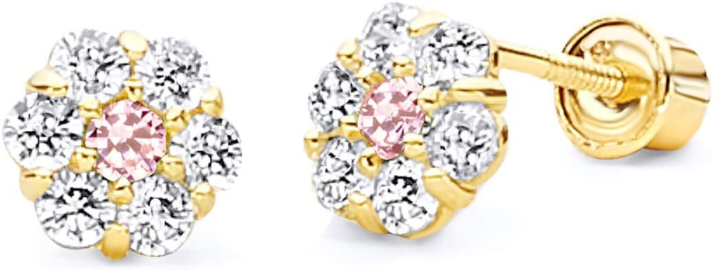 14k Yellow Gold Flower Stud Earrings with Screw Back - 12 Different Color Available