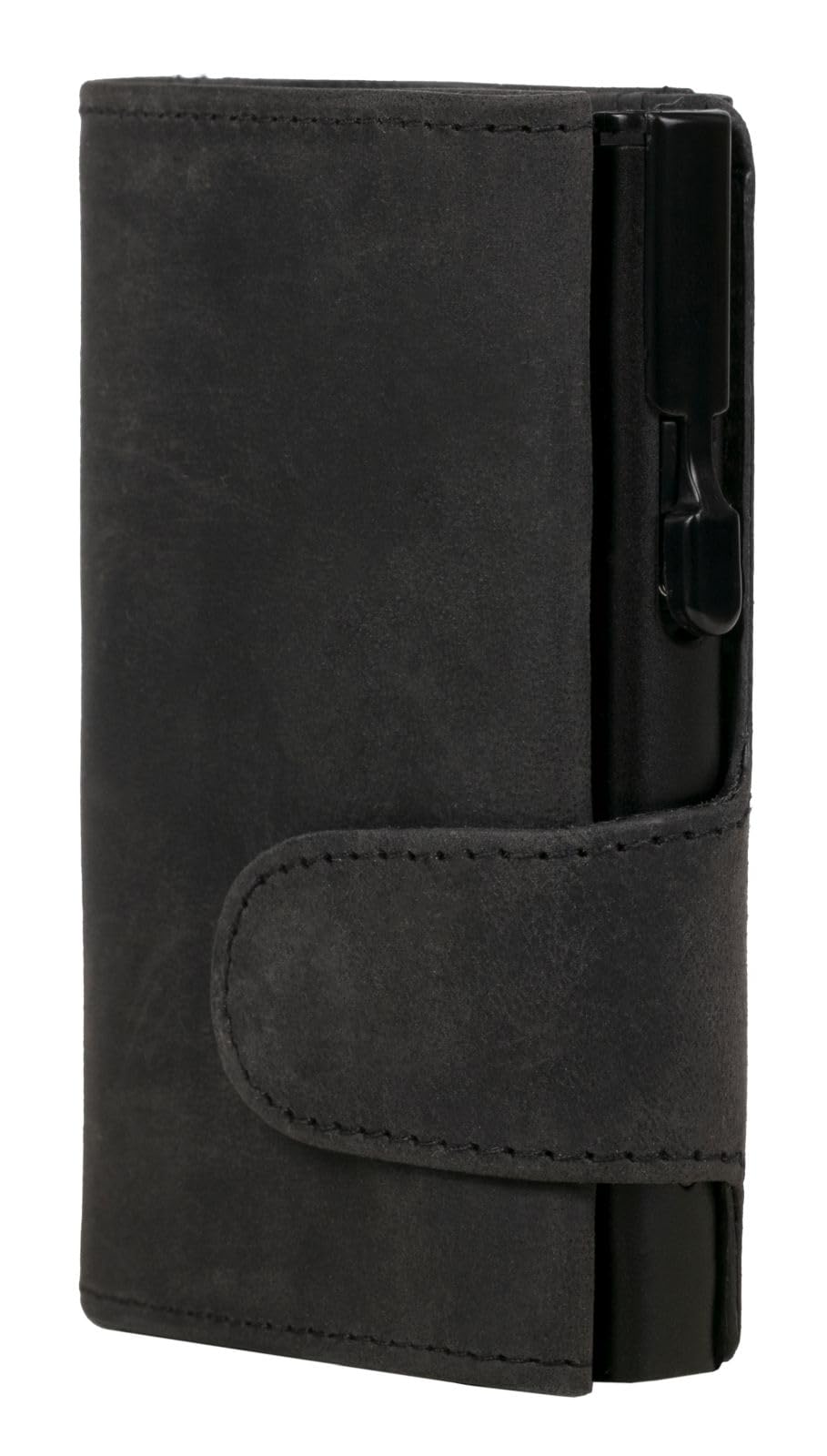 CLICKSAFE® Credit Card Holder with Coin Compartment and Note Compartment Made of Black Hunter Leather with Black Aluminium Safe and RFID Protection (Card Case, Card Holder, Slim Wallet)
