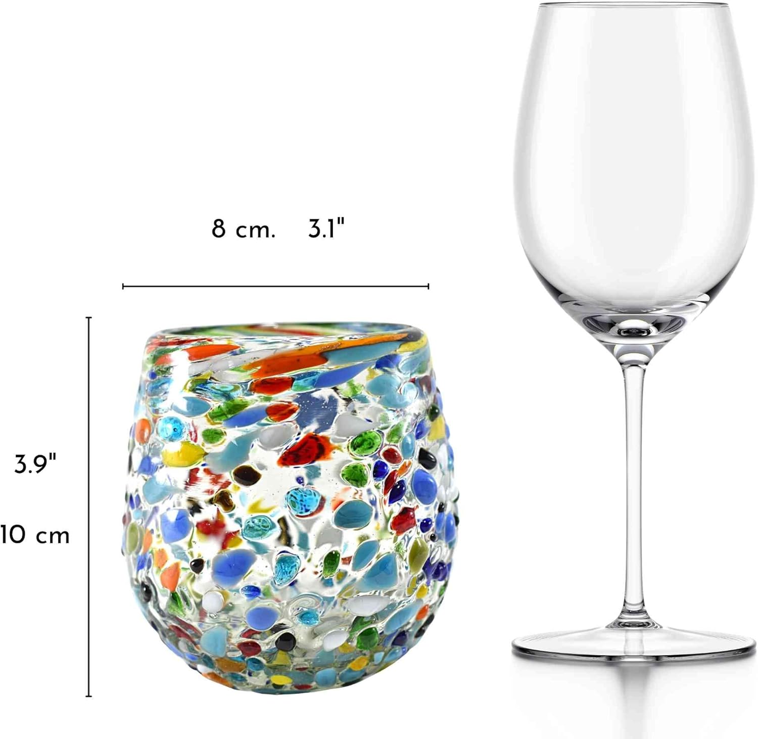 MAREY Hand Blown Drinking Glasses Artisan Crafted from Mexico Set of 6 pieces (Multicolor Hail, Stemless 14 Oz.)