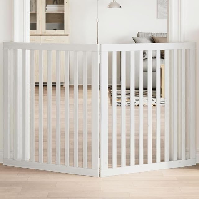 Foto 2 de 8 de vidaXL Puerta para Perros Plegable 2 Paneles Madera álamo Blanca 160cm, Puerta para Mascotas