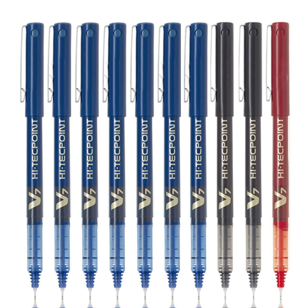 Hi-Tecpoint V7 0.7mm Fine Point Pure Liquid Ink Roller Ball Pen | Pack Of 10 (7 Blue + 2 Black + 1 Red)