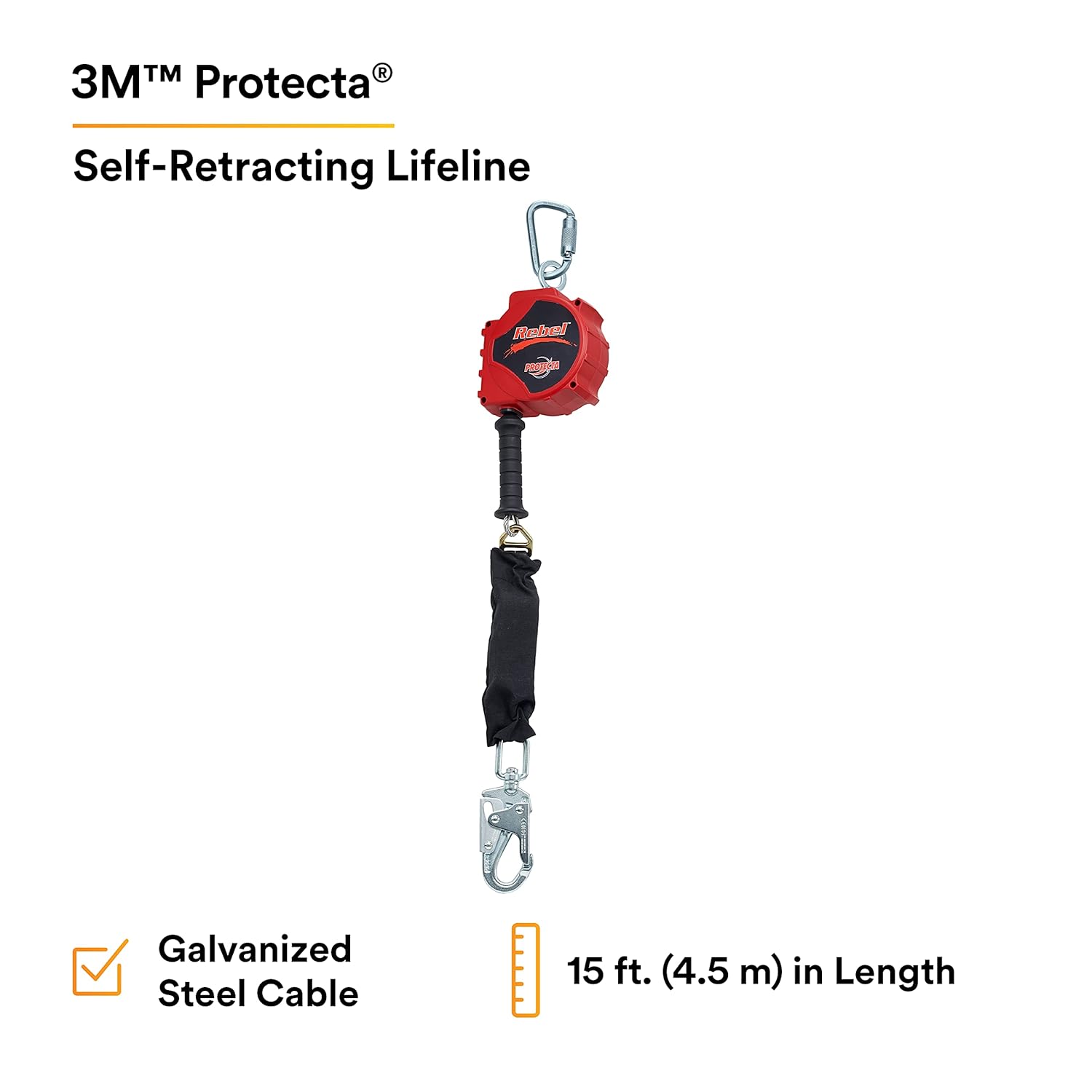 3M Protecta SRL Rebel 15' (46M) Cable, 2000112, 2000178 - Steel Swivel Snap Hook and Carabiner Black/Red