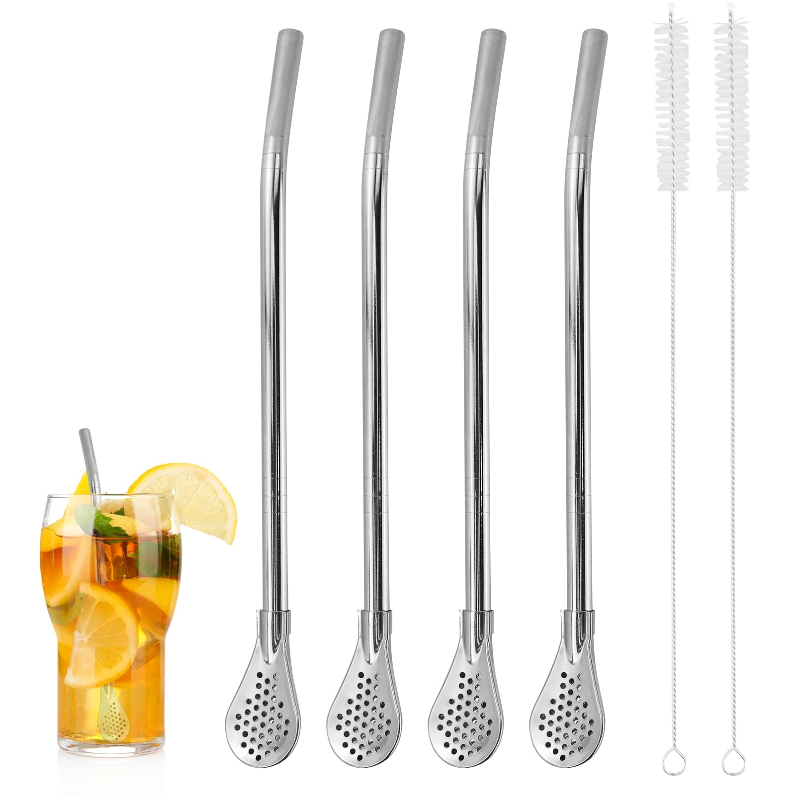 4Pcs Stainless Steel Straws with Filter Spoon, Filter Straw Spoon, Reusable Bombillas Straws Spoon with 2 Cleaning Brushes for Loose Tea, Coffee, Beverages