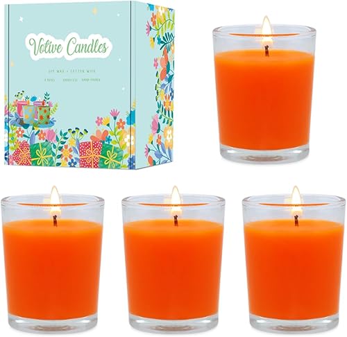 Paquete de 4 velas votivas naranjas sin perfume en vidrio transparente, pequeñas velas de cera de soja natural de 1.8 onzas, velas de color otoño de