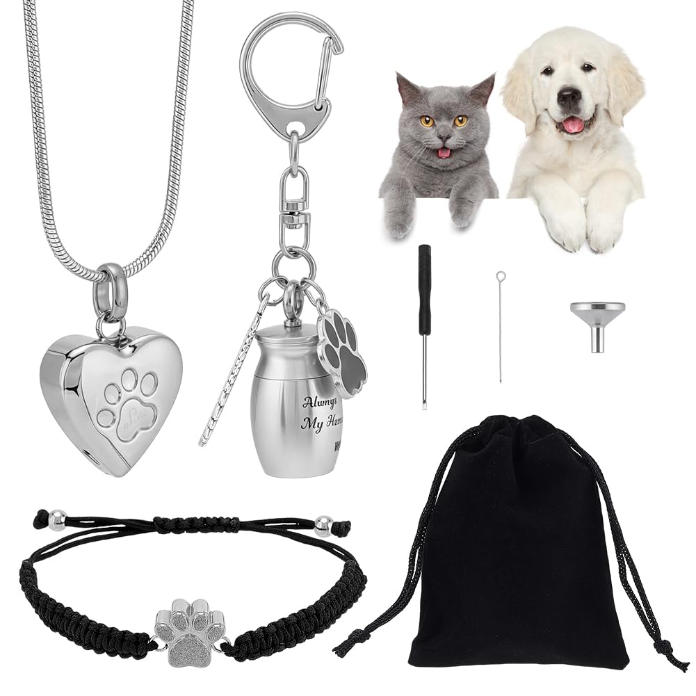NBEADS 1 juego de joyas de cremación para cenizas de mascotas, llavero de urnas de perro, collar de urna de corazón de gato, pulsera con huella de pata, recuerdo conmemorativo para cenizas con kit de