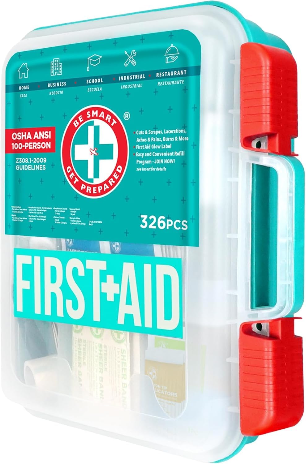 Be Smart Get Prepared First Aid Kit, Teal, 326 Piece, Exceeds OSHA and ANSI Guidelines 100 People - Office, Home, Car, School, Emergency, Survival, Camping, Hunting and Sports — Amazon image 6