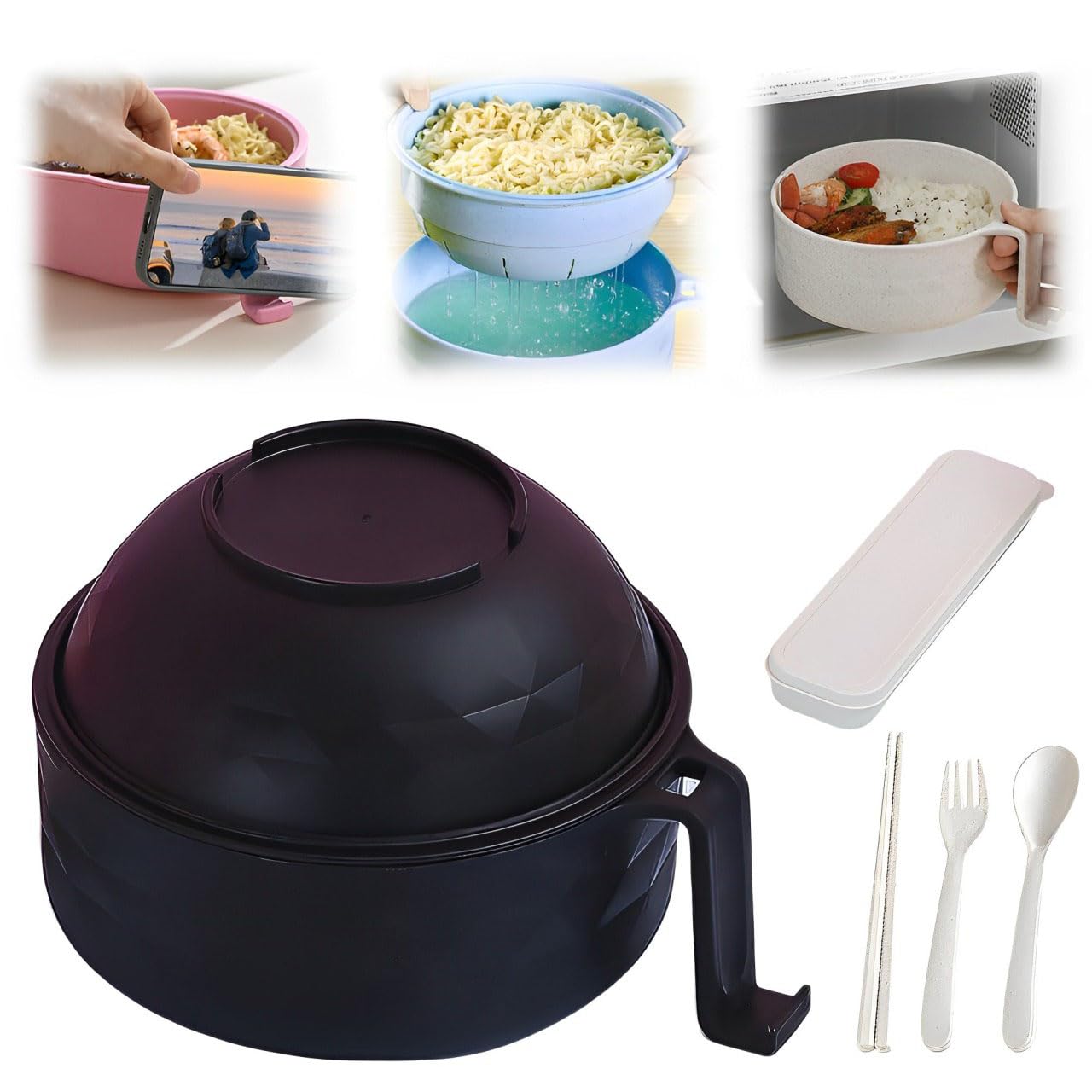 BAUFIX Microwave Ramen Bowl with Lid, 2025 New Ramen Noodles Bowl, Ramen Microwave Bowl, Ramen Bowl Set with Chopsticks, Spoon, Fork, Portable Ramen Cooker for Dorm, Home, Office (Black)