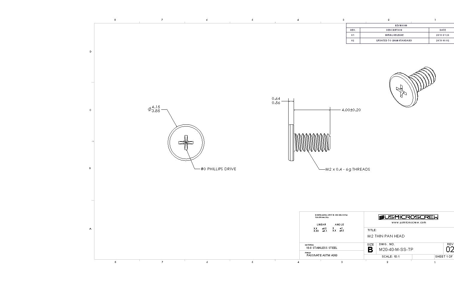 M2-0.4 X 4MM Machine Screw Stainless Steel Thin Pan Head Phillips Drive (100 Pcs) - M20-40-M-SS-TP