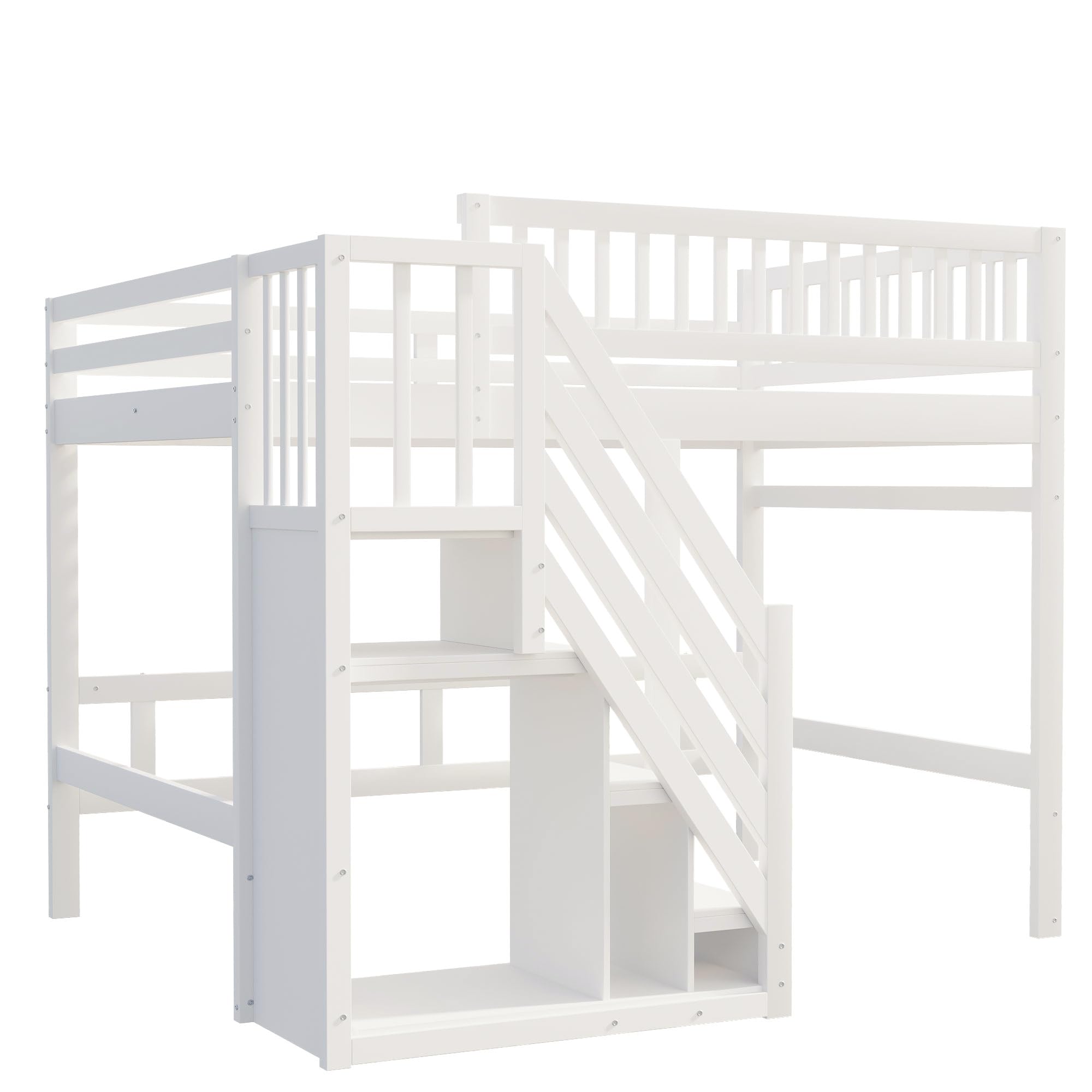 Etagenbett 140x200, Kinderbett Hochbett mit Treppe und Aufbewahrungsschrank, Funktionsbett Doppelbett Stockbett Spielbett Kinderhochbett Jugendhochbett mit Lattenrost, Massivholz, Ohne Matratze, Weiß