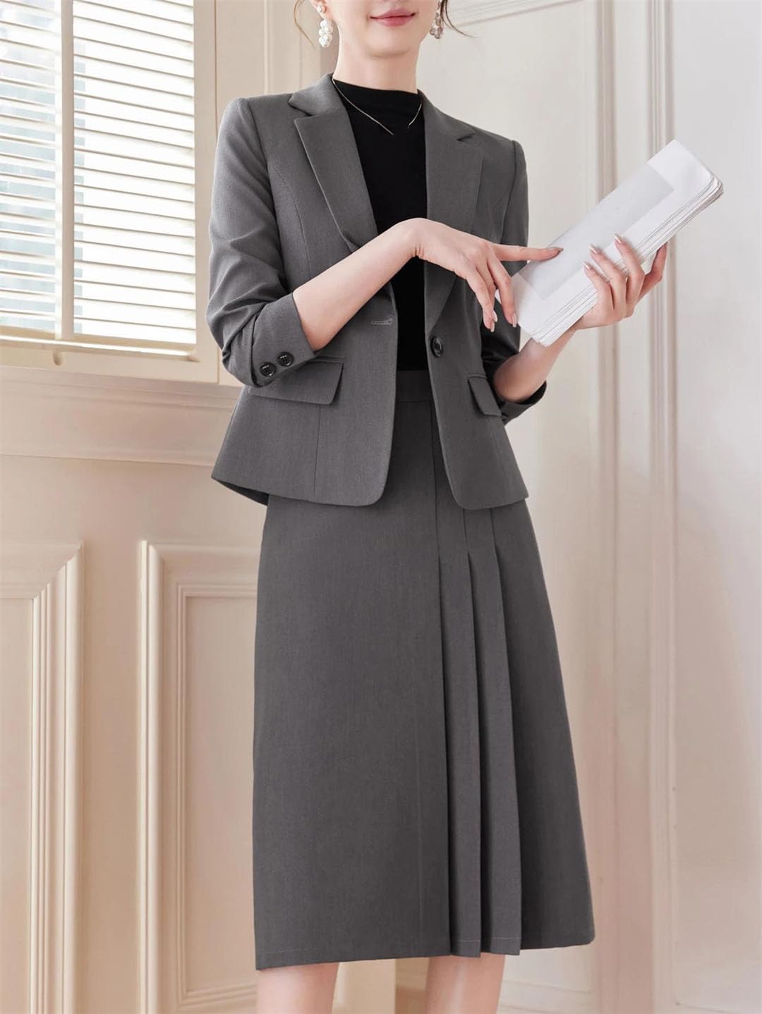 Women's Notched Collar Full Sleeve Single Button Short Coat and Knee-Length Skirt Two-Piece Fashion Outfit