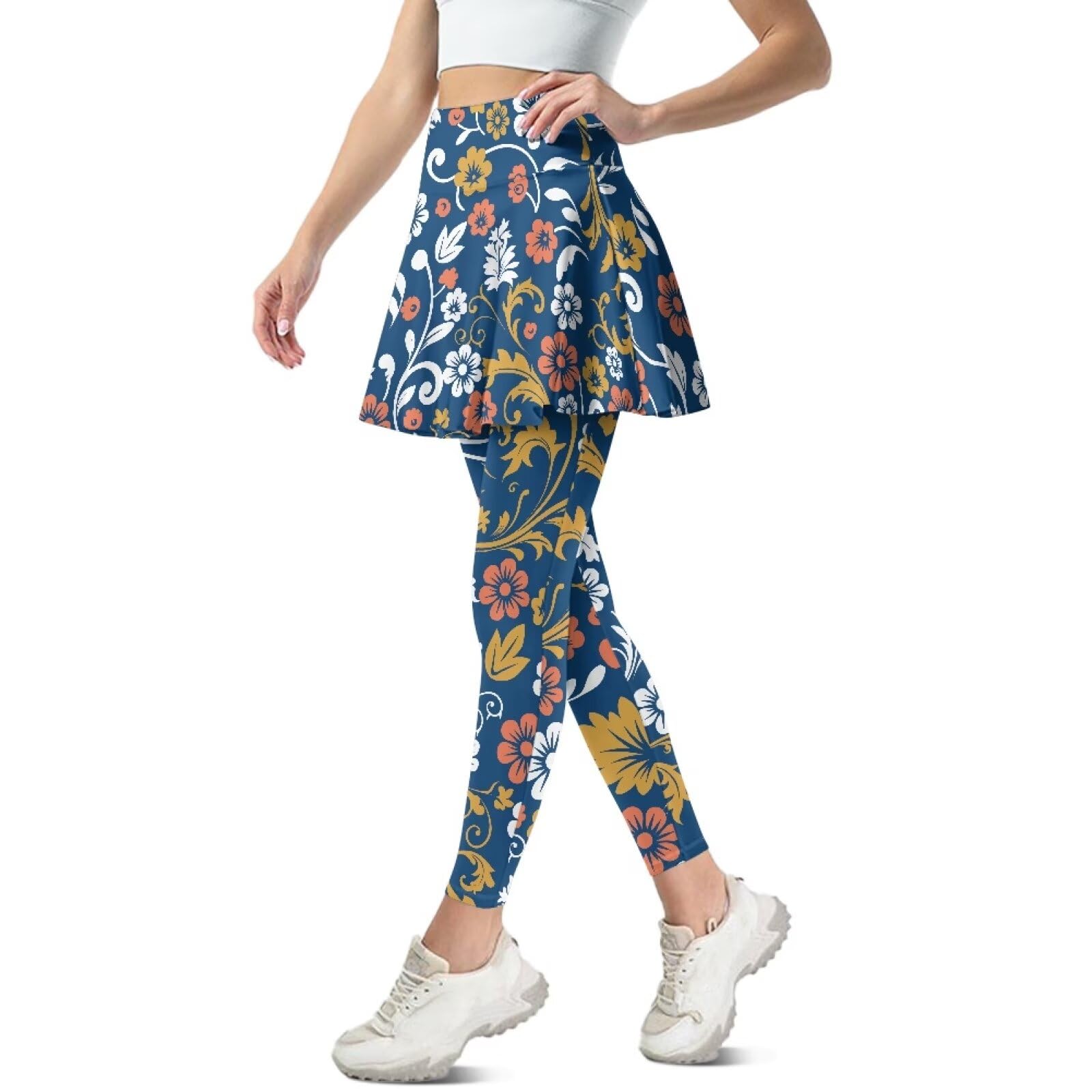 Gzzxiailg Blue Floral Womens Tummy Control Attach Skirted Legging with Pockets Stretchy Ruffle Pleated Skirt with Leggings Casual Yoga Skirted Capri Leggings