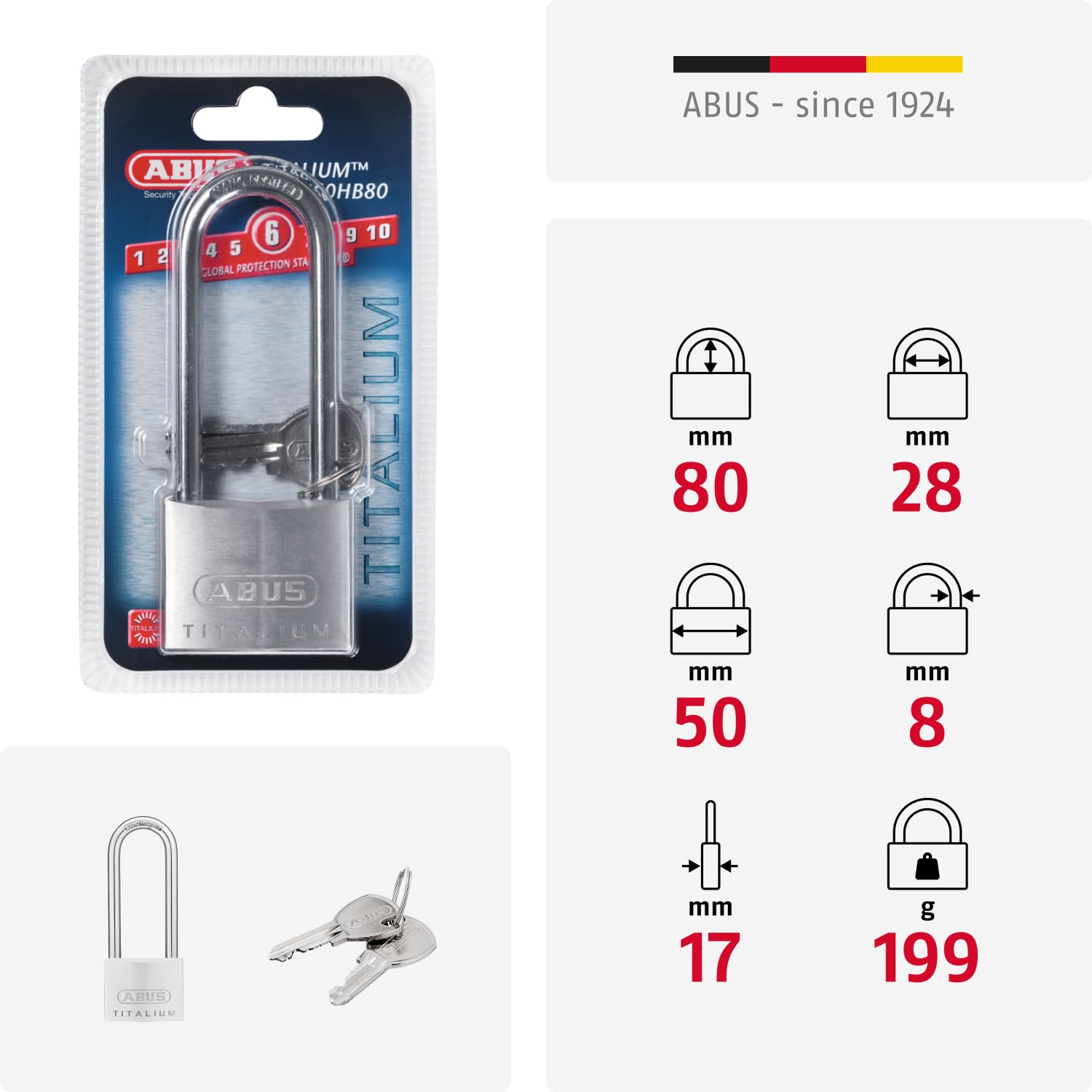 ABUS Lucchetto Titalium 64TI/50HB80 con grillo alto - serratura da cantina con corpo in alluminio speciale - grillo in acciaio temprato - livello di sicurezza 6