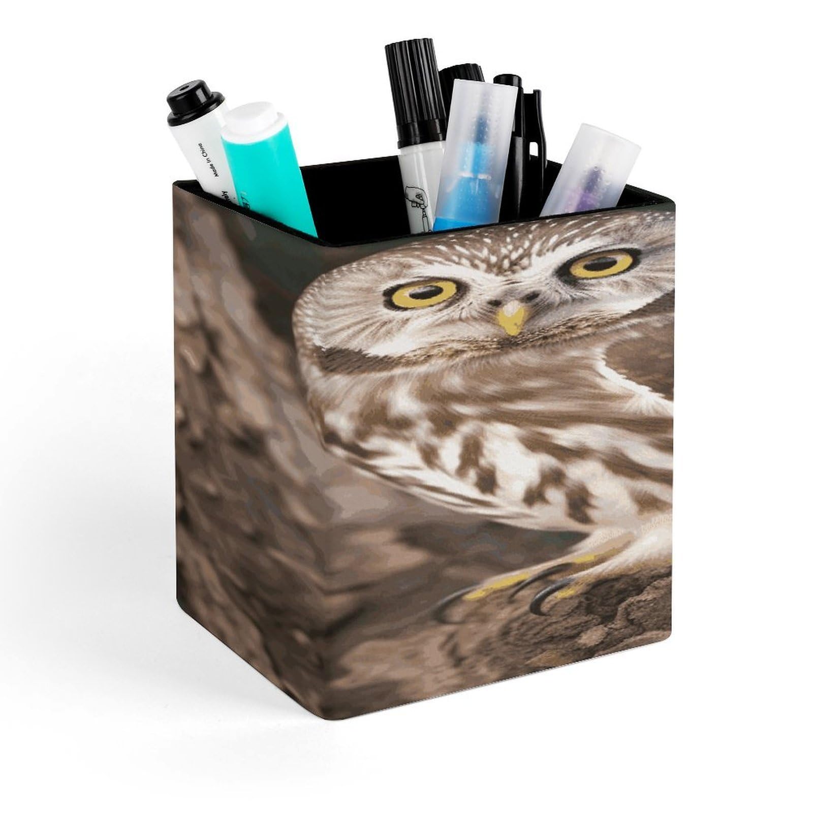 JTREHY Wildlife Animal Owl Pen Holder Square Pen Pencil Holder Makeup Brush Holders Cup PU Leather Pencil Cups Desktop Caddy Stationery Organizer Case Office Accessories Container Box